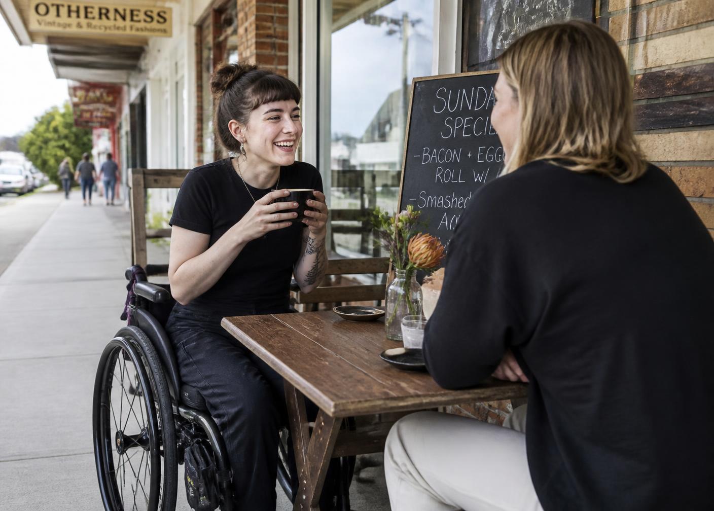 Two people talking over coffee at an outdoor table on a suburban shopping strip.