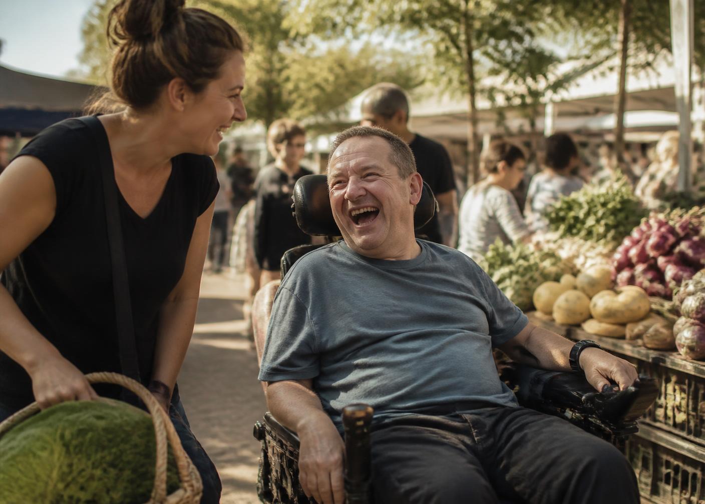 A man in a wheelchair laughing with his support worker while shopping at a local market.