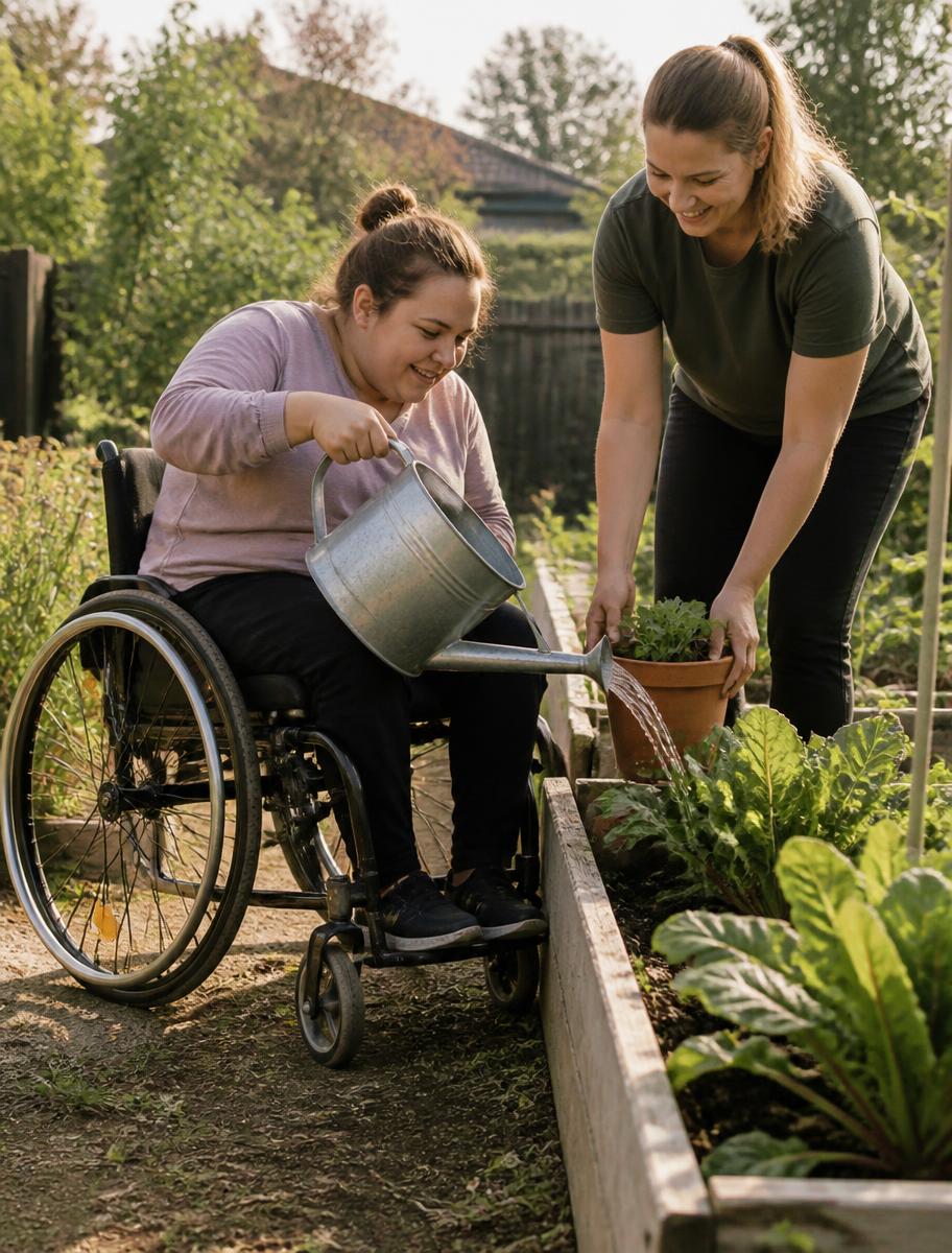 A woman in a wheelchair watering a garden bed while a support worker steadies a potted plant.